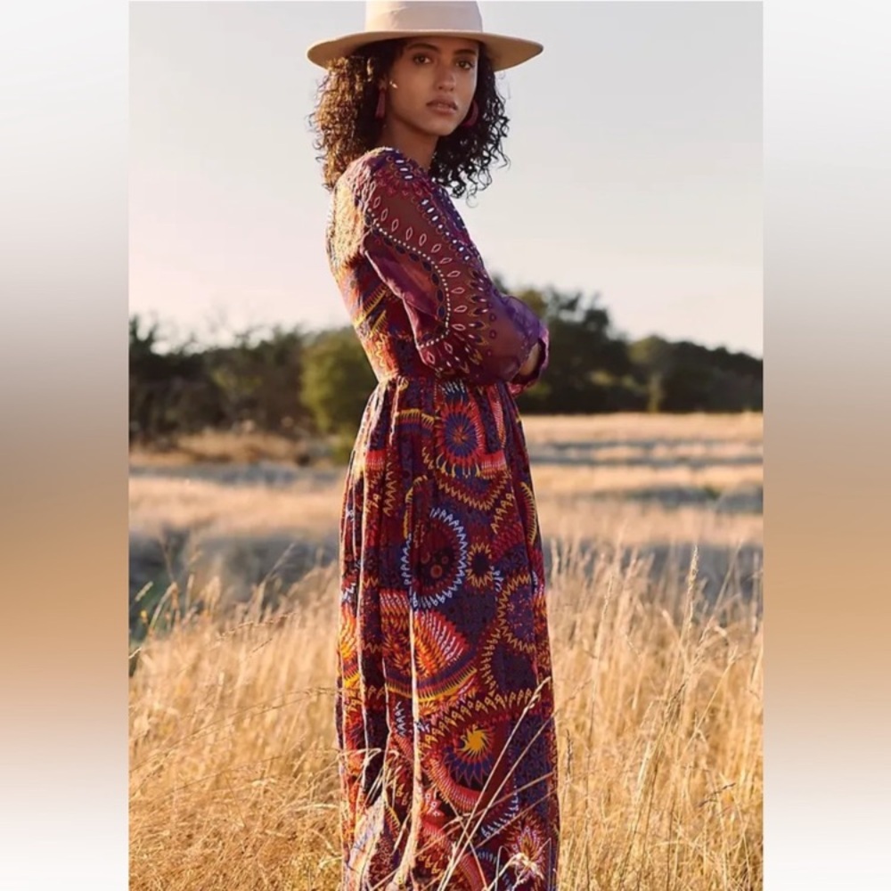 Anthropologie Multicolor Printed Maxi Dress (Burgundy, Yellow, Blue)